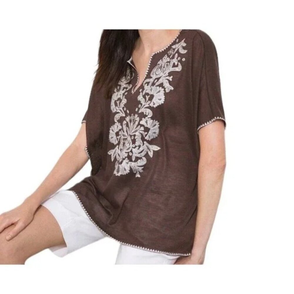 Chico's Embroidered Knit Poncho Brown White Sz L/XL Bohemian NWT